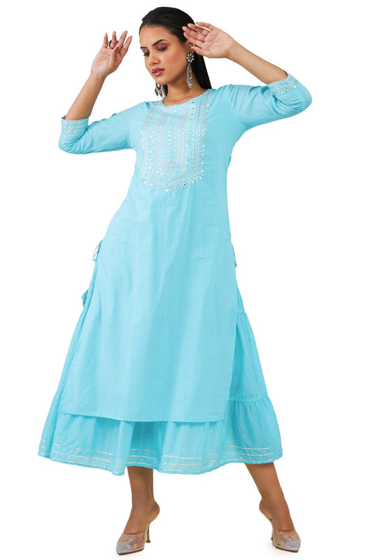 Soch Women Turquoise Cotton Embroidered Dress Kurta