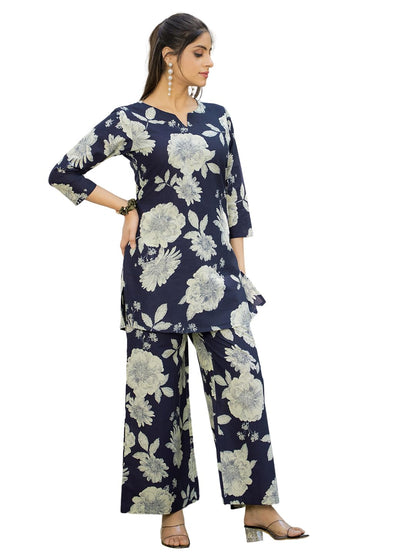 Pinkmint Pure Cotton Co Ord Set For Women L Flower & Leaf Pattern Set L 3/4 Sleeve Co Ord Set