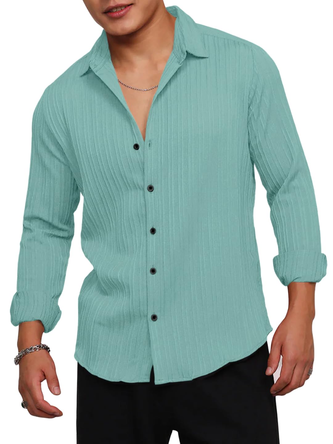 Finivo Fashion MenS Casual Cotton Striped Button Down Shirts Long Sleeve Textured Summer Beach Shirt For Men Turquoise