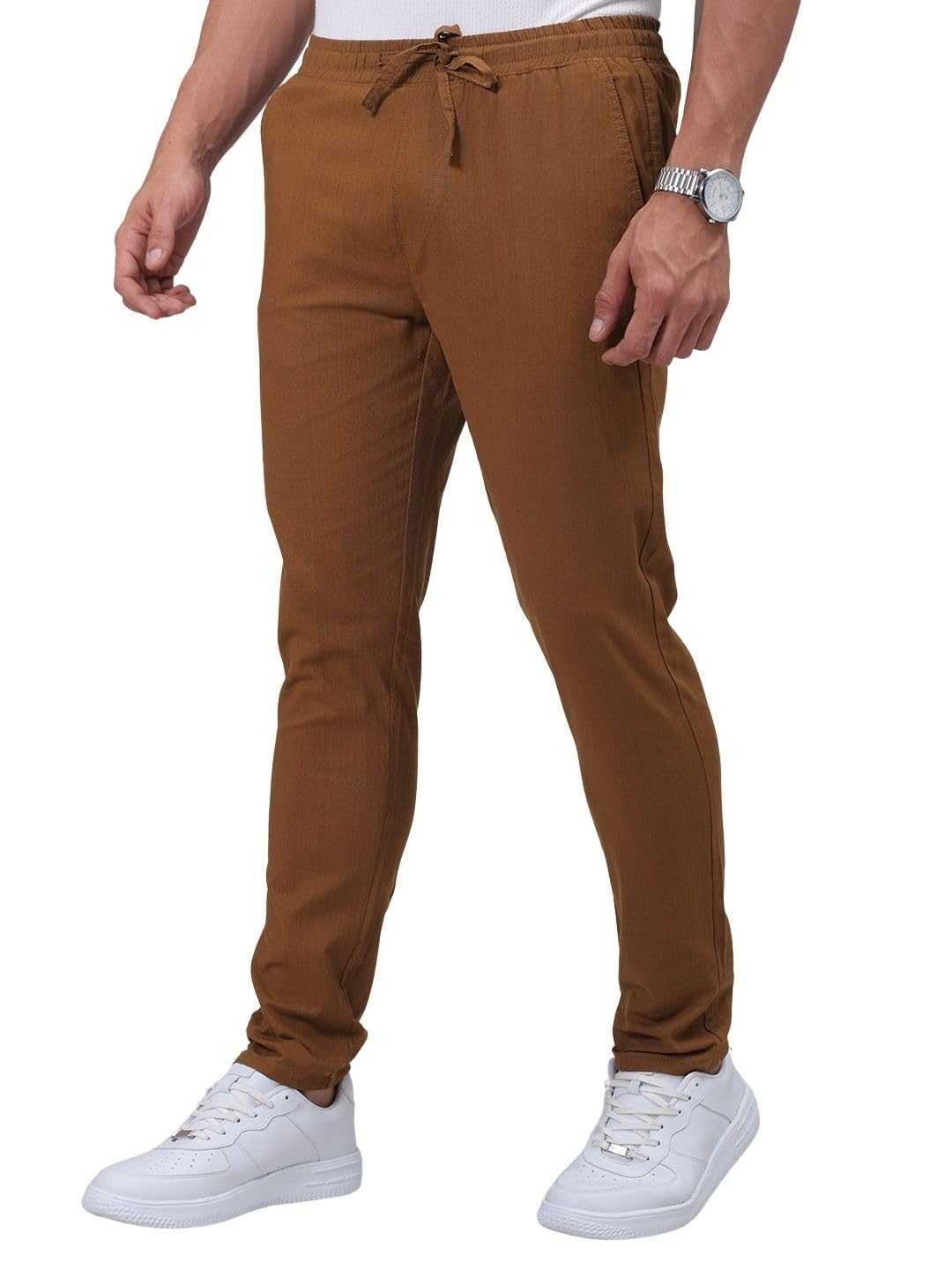 The Indian Garage Co Men Slim Fit Solid Mid-Rise Elasticated Linen Jogger Trouser Bronze Brown