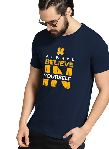 ADRO Mens Believe in Your Self Printed T-Shirt (Navy Blue)