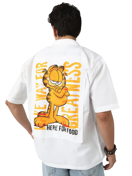 Bewakoof Official Garfield Merchandise Mens Graphic Print Oversized Fit Half Sleeve Collared Poplin Shirt_666766_White_S