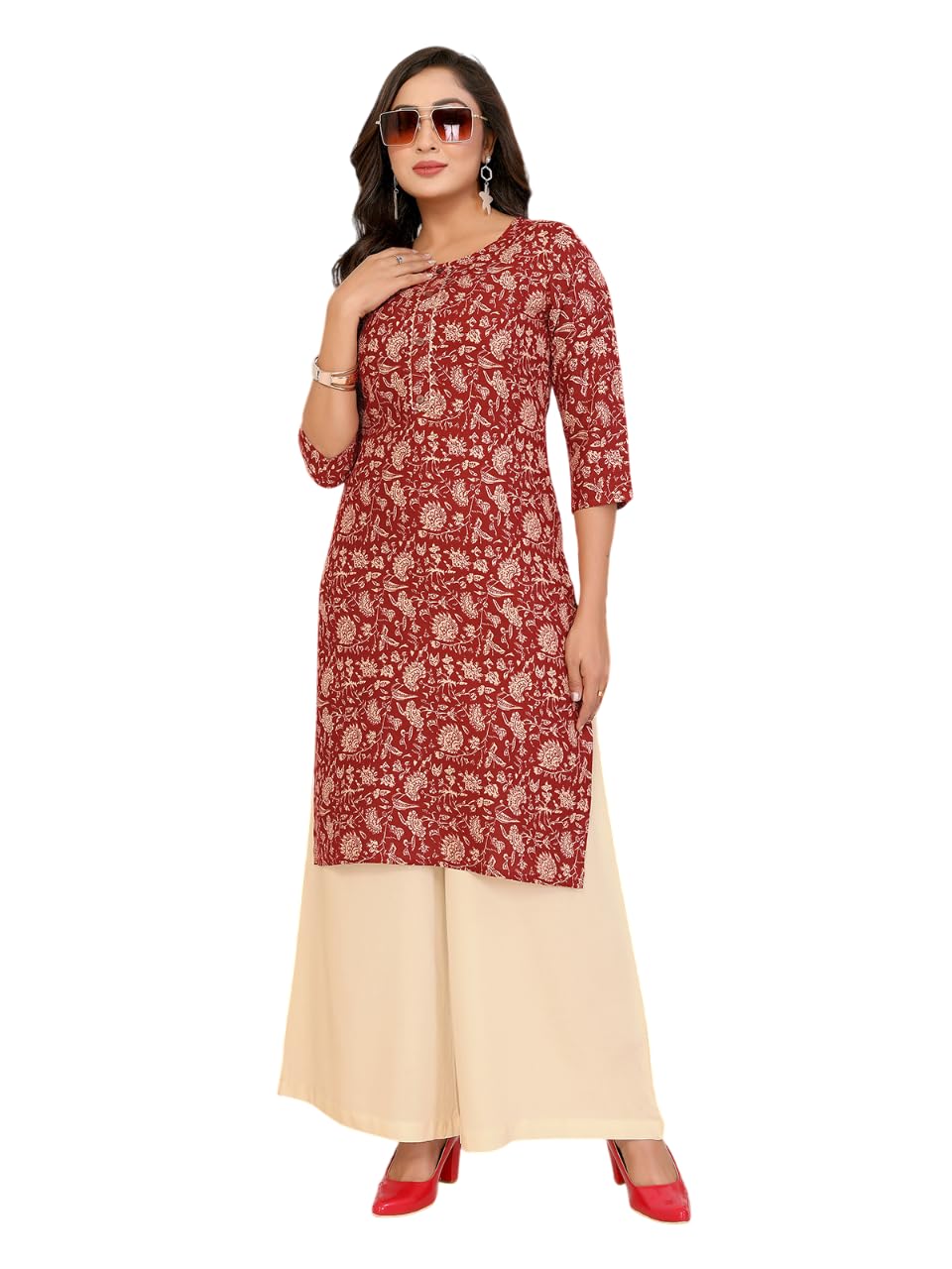 Rangita Maroon Rayon Straight Printed Knee Length Kurti | Kurta For Women_Xl