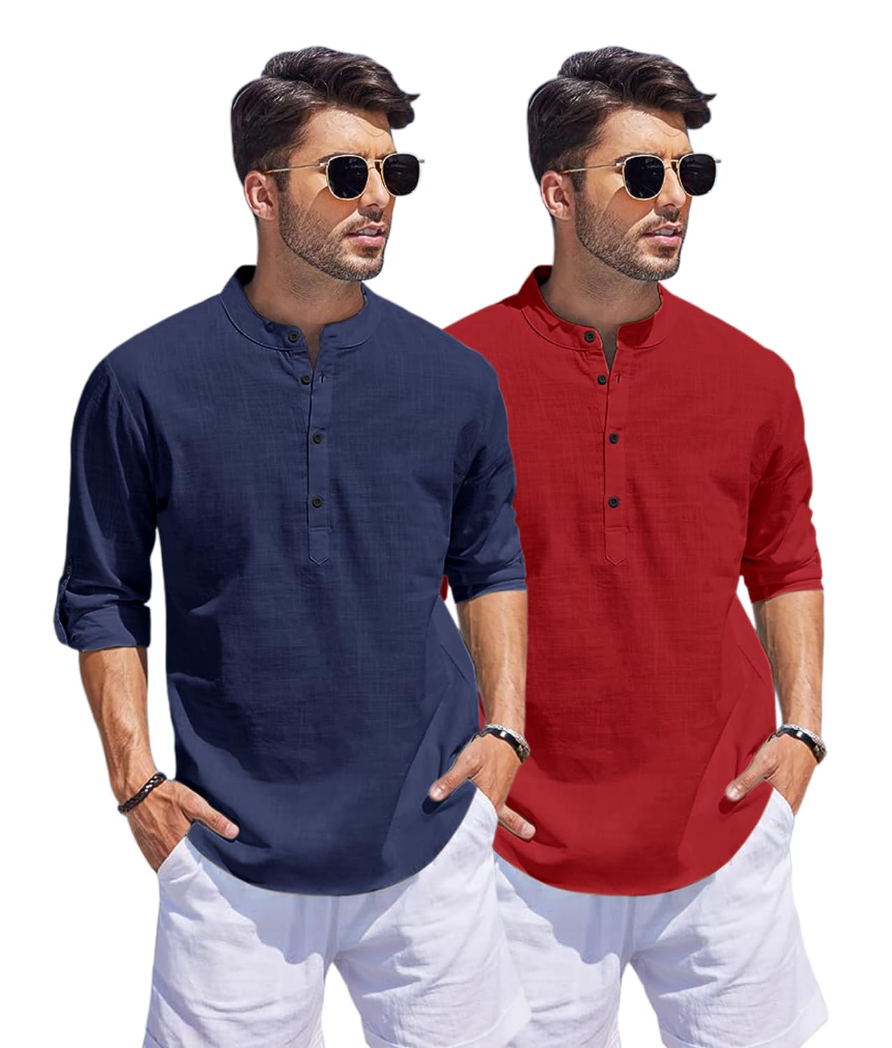 Hemrin Combo Of Men Solid Cotton Blend Straight Kurta Shirt Pack Of 2