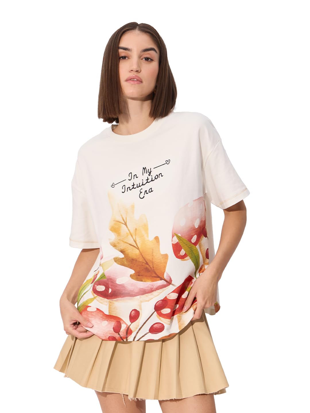 The Souled Store Shrooms Women and Girls Short Sleeve Round Embroidered Cotton Oversized T-Shirts White