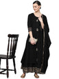 ishin Women's Pure Cotton Self Design Gotta Patti Black Floral Print A-Line Kurta suit set With Dupatta & Palazzo