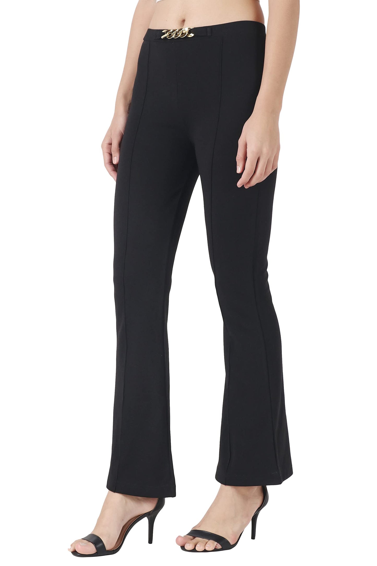 POPWINGS Solid Full-Length Polyester Regular-Fit Trouser Pants for Women for Casual and Semi Formal Wear Black