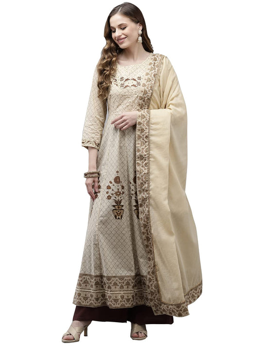 ishin Women's Cotton Anarkali Embroidered Thread Work Floral Print Beige Kurti with Dupatta