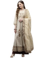 ishin Women's Cotton Anarkali Embroidered Thread Work Floral Print Beige Kurti with Dupatta
