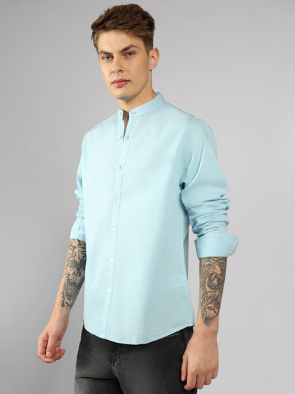 Dennis Lingo MenS| Blue| Full Sleeve| Mandarin Collar| Solid| Regular Fit| Casual Shirt