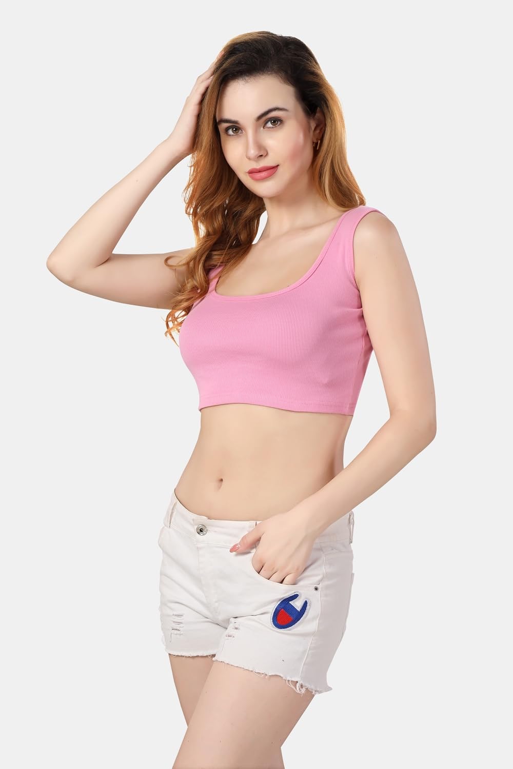 Fabme WomenS Sleeveless Square Neck Rib Crop Top - Pink