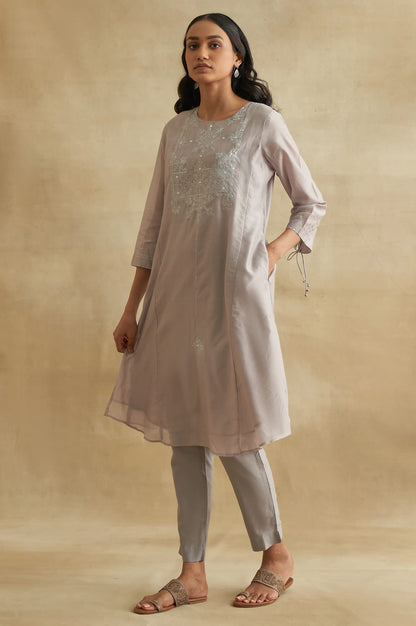 W for Woman Light Grey Embroidered Cotton Silk Kurta