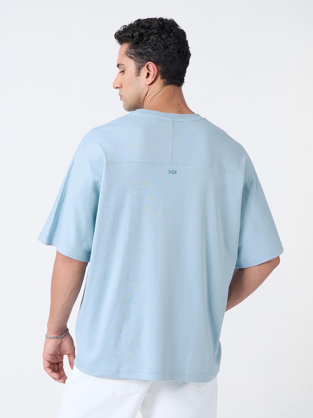 The Souled Store Blue Slate Men and Boys Short Sleeves Round Neck Blue Solid Cotton Oversized T-Shirts