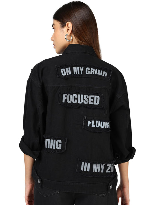 Bewakoof WomenS Typography Regular Fit Full Sleeve Collar Pure Cotton Jacket_684818_Black_S