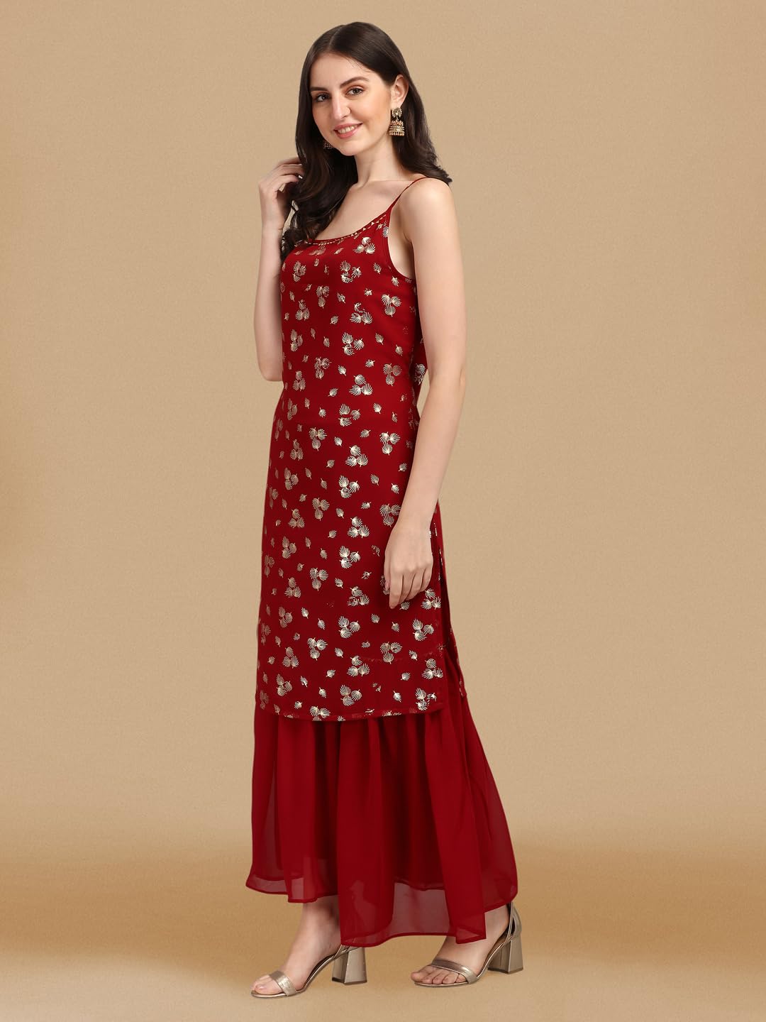 Gufrina WomenS Georgette Kurta & Solid Sarara With Round Neck Sleeveless Floral Printed Calf Length A-Line And Regular Fit