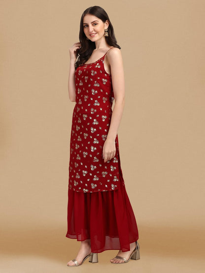 Gufrina WomenS Georgette Kurta & Solid Sarara With Round Neck Sleeveless Floral Printed Calf Length A-Line And Regular Fit