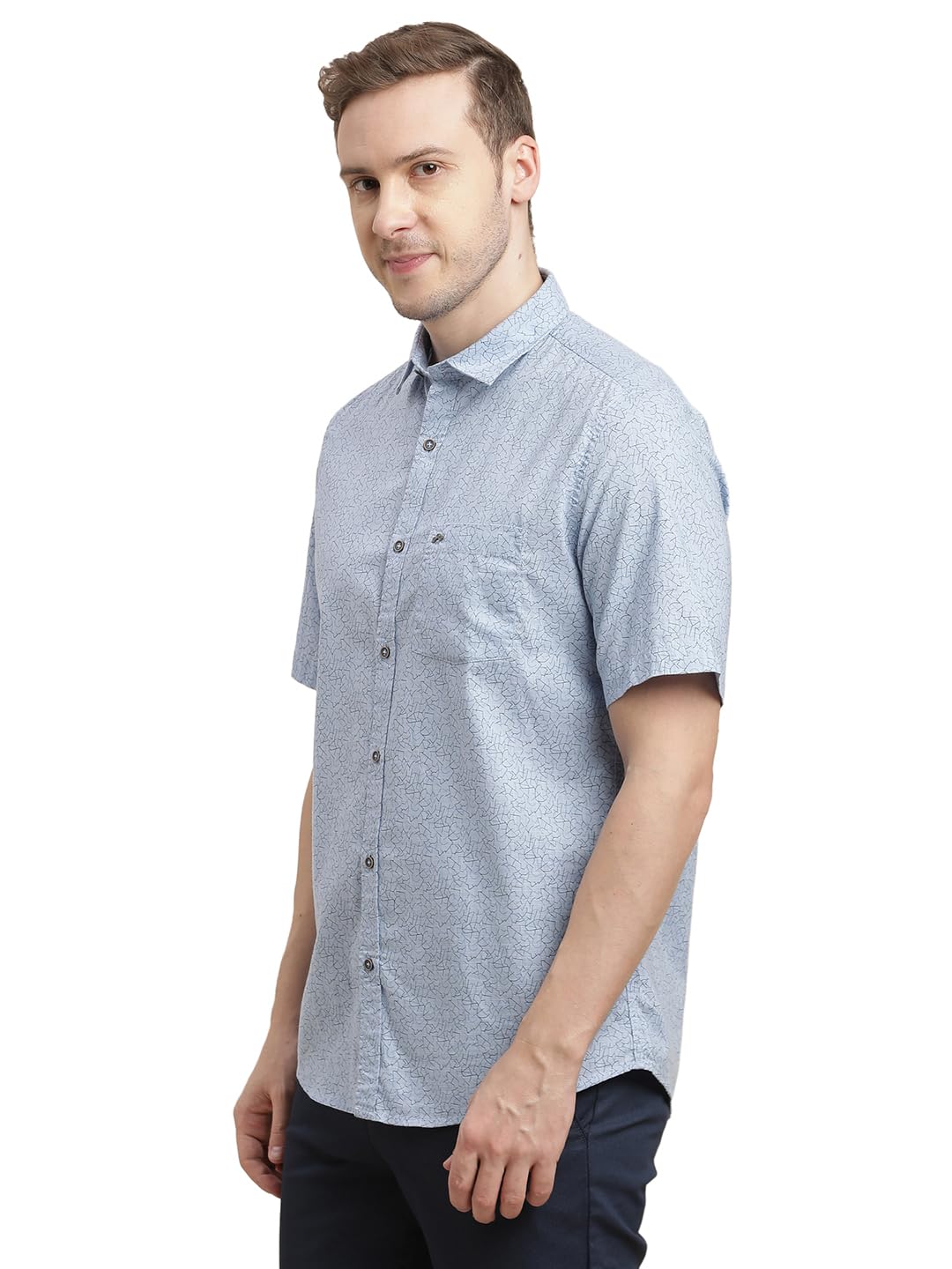 Turtle Men 100% Cotton Slim Fit Light Blue Printed Half Sleeve Casual Shirt