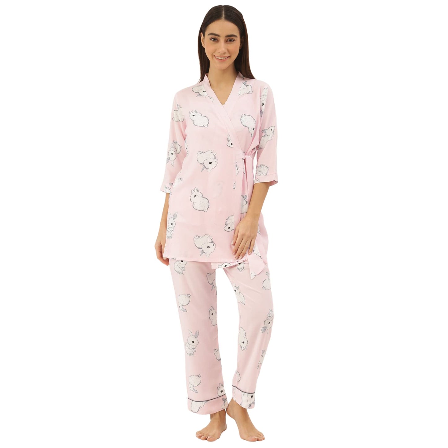 Sweet Dreams Women Printed Rayon 3 Piece Pyjama Set Pink
