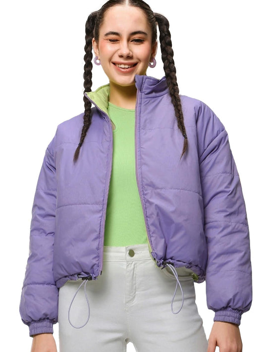 Bewakoof Womens Solid Super Loose Fit Full Sleeve Stand Collar Nylon Puffer Jacket_499023_Purple_L