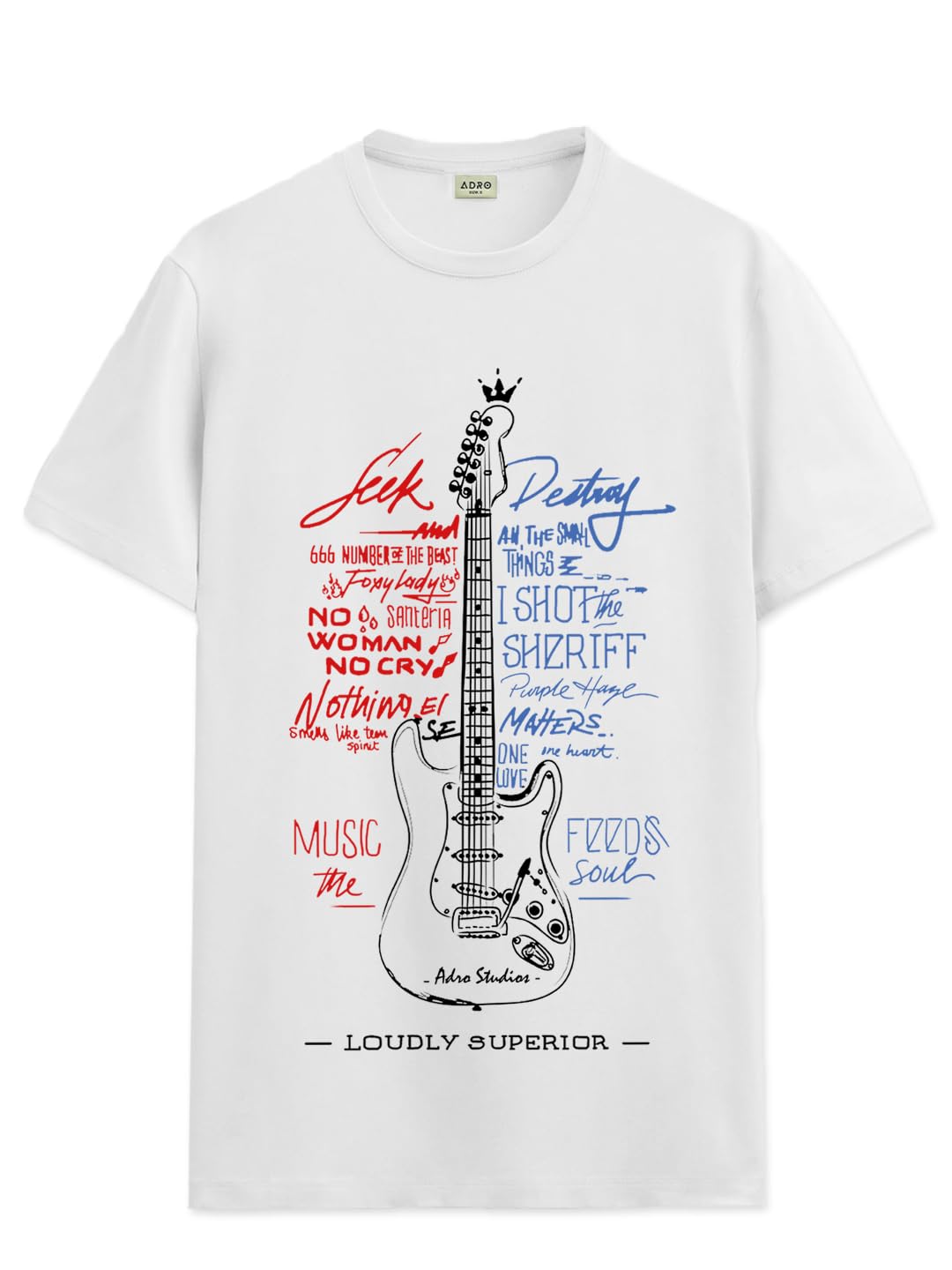 ADRO Guitar Design Printed T-Shirt for Men - 100% Cotton, Regular Fit, Soft Breathable Fabric. (RN23-M-GTR-WH_White)