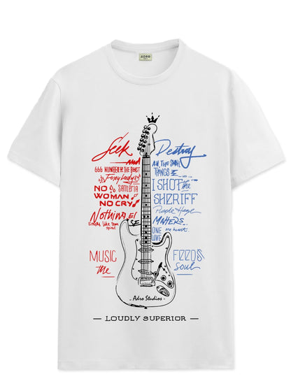 ADRO Guitar Design Printed T-Shirt for Men - 100% Cotton, Regular Fit, Soft Breathable Fabric. (RN23-M-GTR-WH_White)