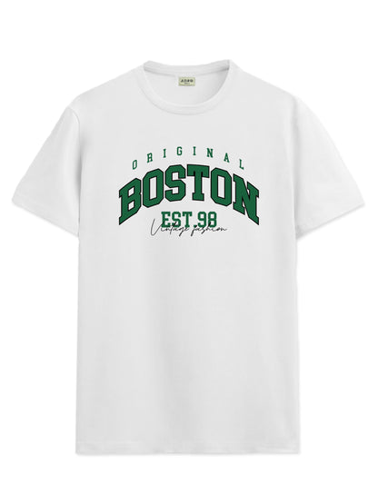 ADRO Mens Printed T Shirt - Premium Cotton Graphic Printed Tshirt - White T-Shirt - RN24-BOST-WH