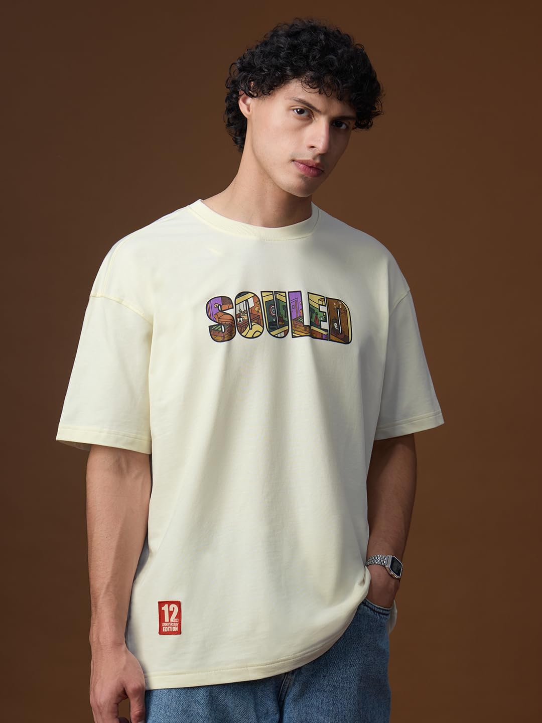The Souled Store Oversized T-Shirt: Birthday Special Men and Boys Short Sleeves Round Neck Off White Graphic Printed Cotton Over