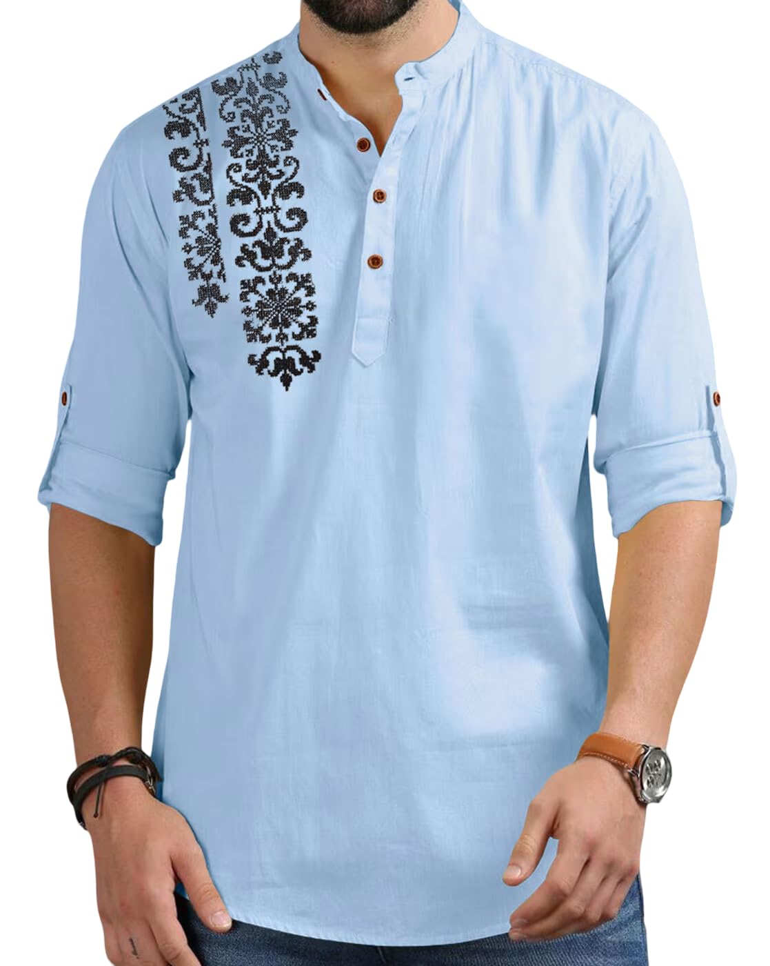 Finivo Fashion MenS Regular Fit Cotton Blend Kurta Shirt | Full Sleeve Ethnic Shirt With Mandarin Collar And Button Placket | C