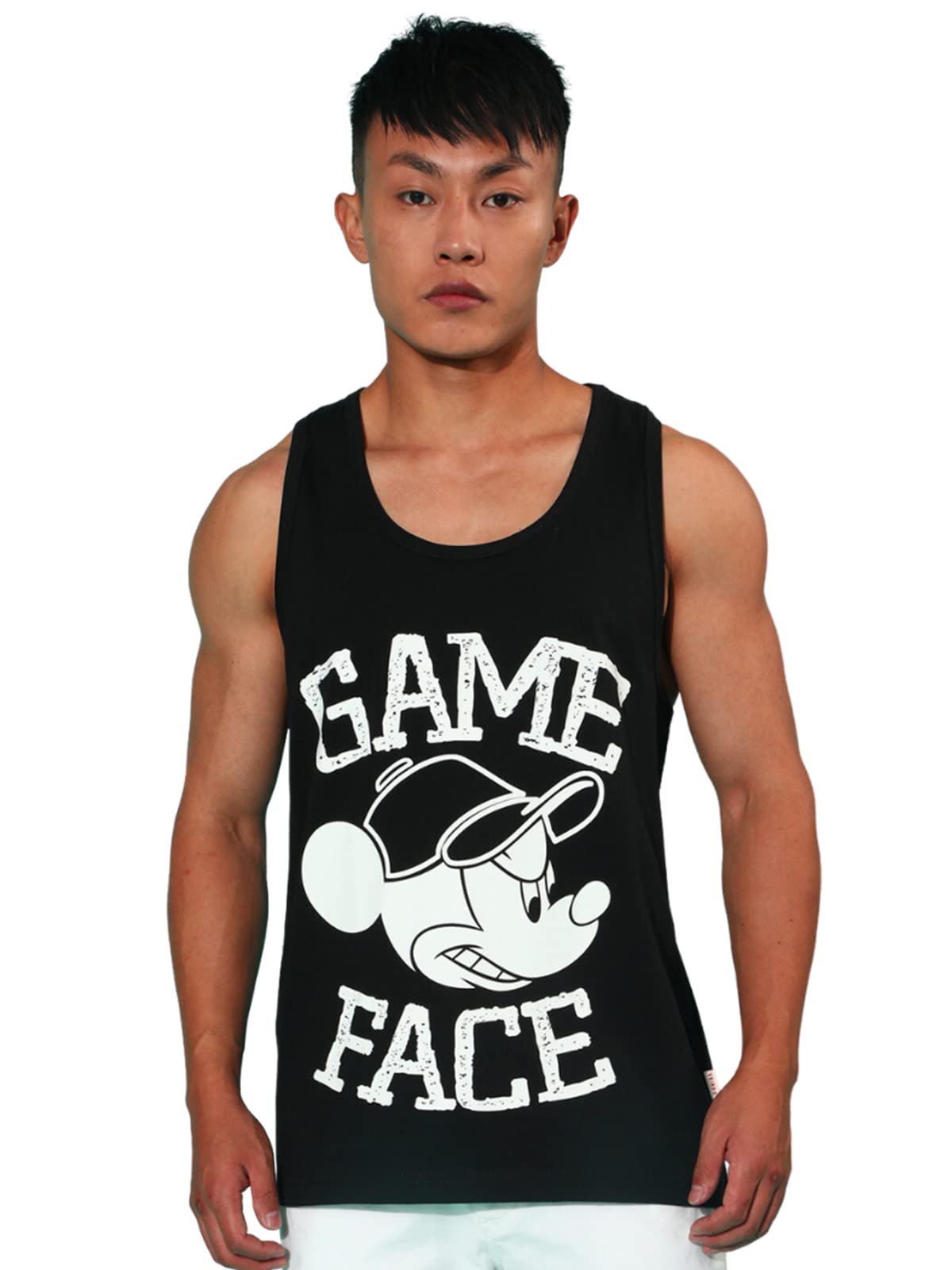 Veirdo Mens Game Face Disney Mickey Mouse Graphic and Typography Print Sleeveless Round-Neck Longline Regular Fit Vest