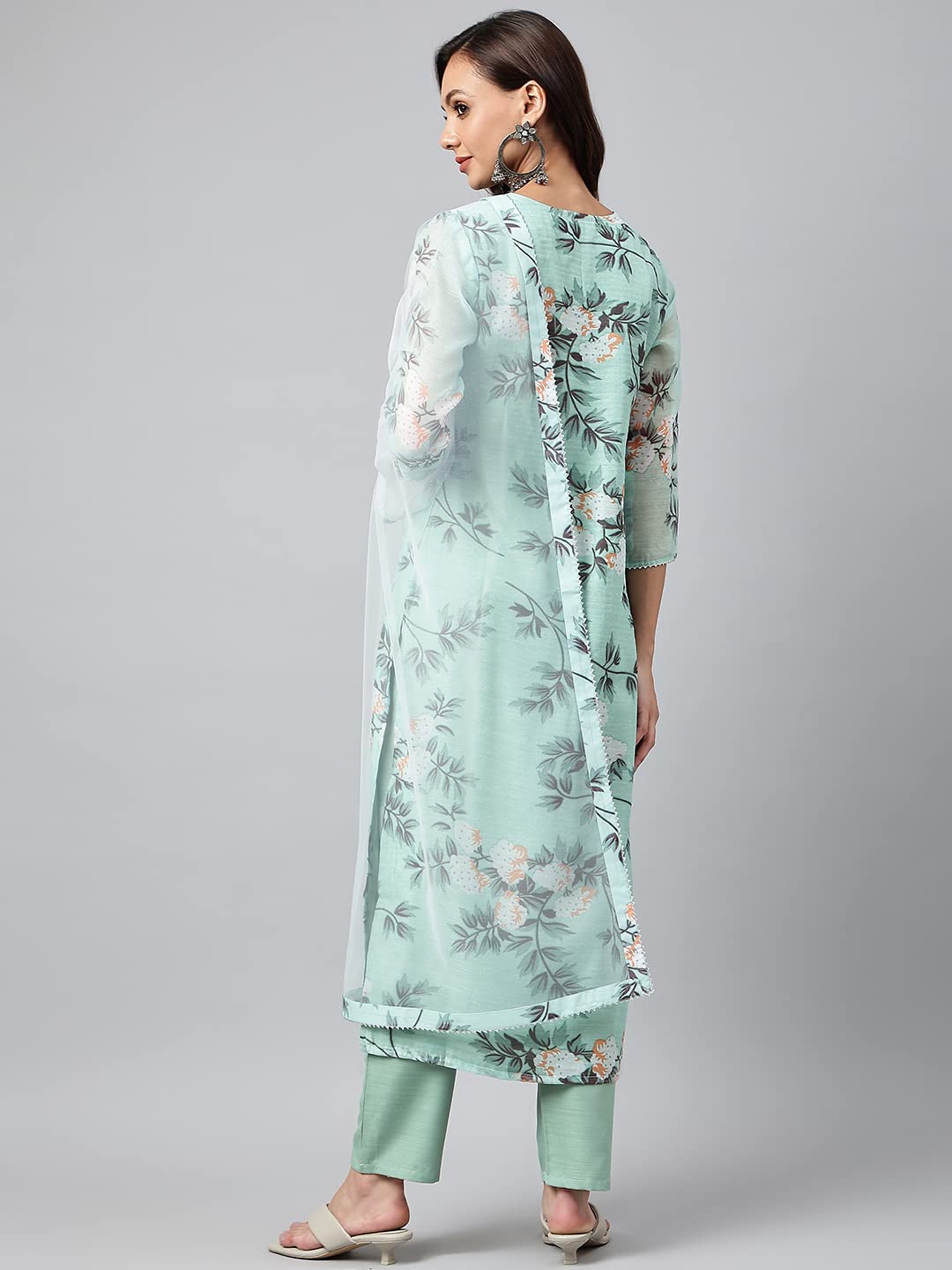 GoSriKi Women's Cotton Blend Printed Straight Kurta with Pant & Dupatta (Itta Nw3)