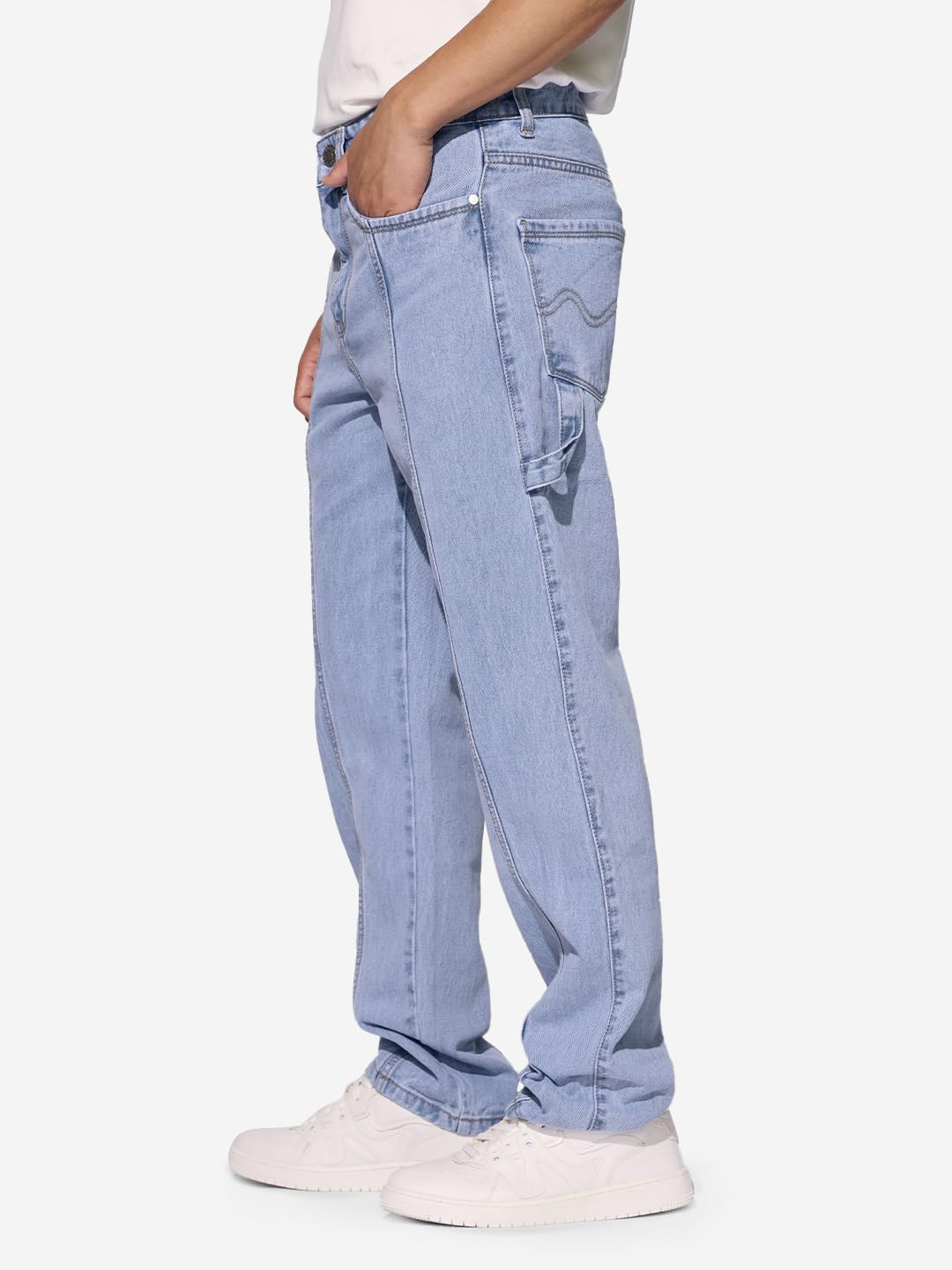 The Souled Store Denim: Light Blue Men and Boys Buttoned Solid Cotton Blend Straight Fit Jeans