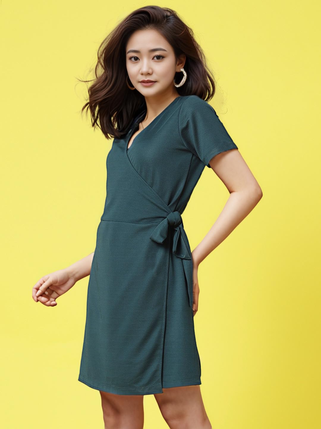 Rigo Women Self Textured Poly Corduroy Half Sleeves Wrap Dress With Belt | WomenS Casual V-Neck Wrap Dress | Mini Dress For Wom
