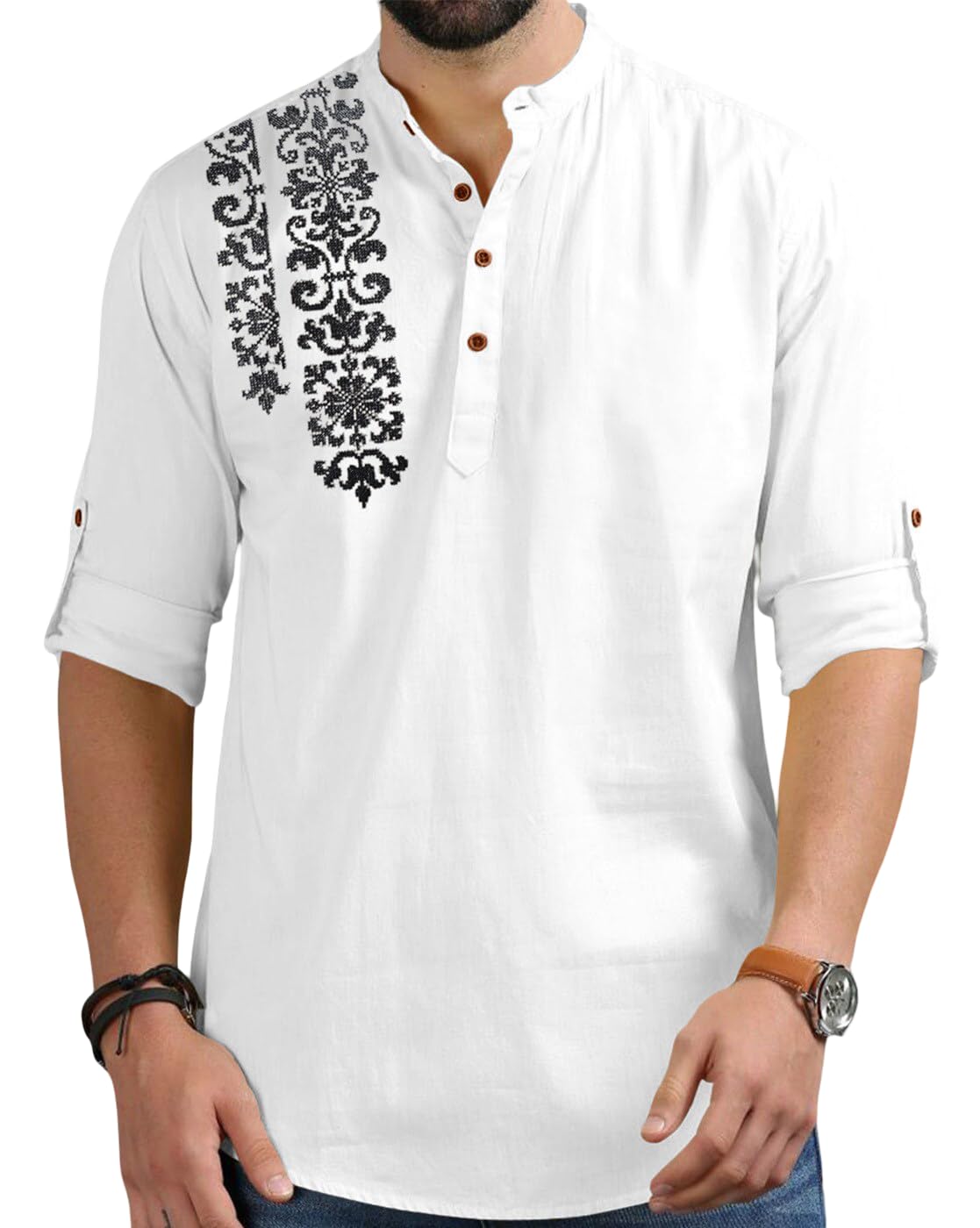 Finivo Fashion MenS Regular Fit Cotton Blend Kurta Shirt | Full Sleeve Ethnic Shirt With Mandarin Collar And Button Placket | C