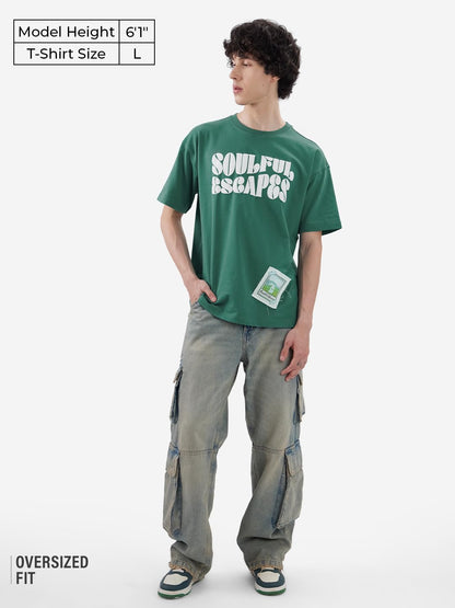 The Souled Store Soulful Men and Boys Short Sleeves Round Neck Green Puuff Printed Cotton Oversized T-Shirts
