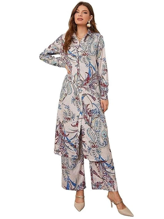 Leriya Fashion Womens Ethnic Co Ord Set || Paisley Printed Co-Ord Set for Women || Long Straight Shirt Kurta with Pant Set for