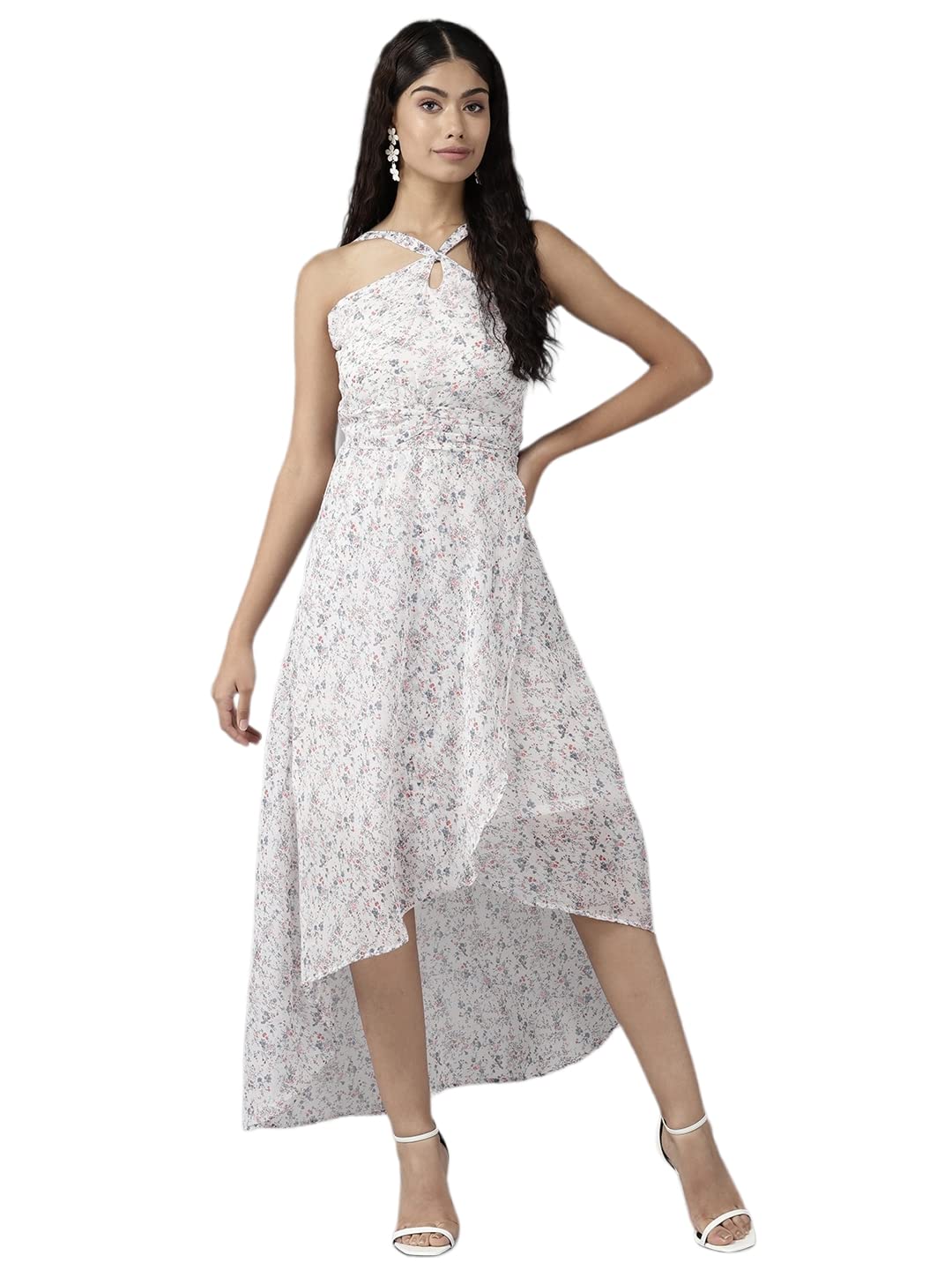 Aarika Womens White Color Floral Georgette Dress (Dr-Aw-037-Blue-White-M)