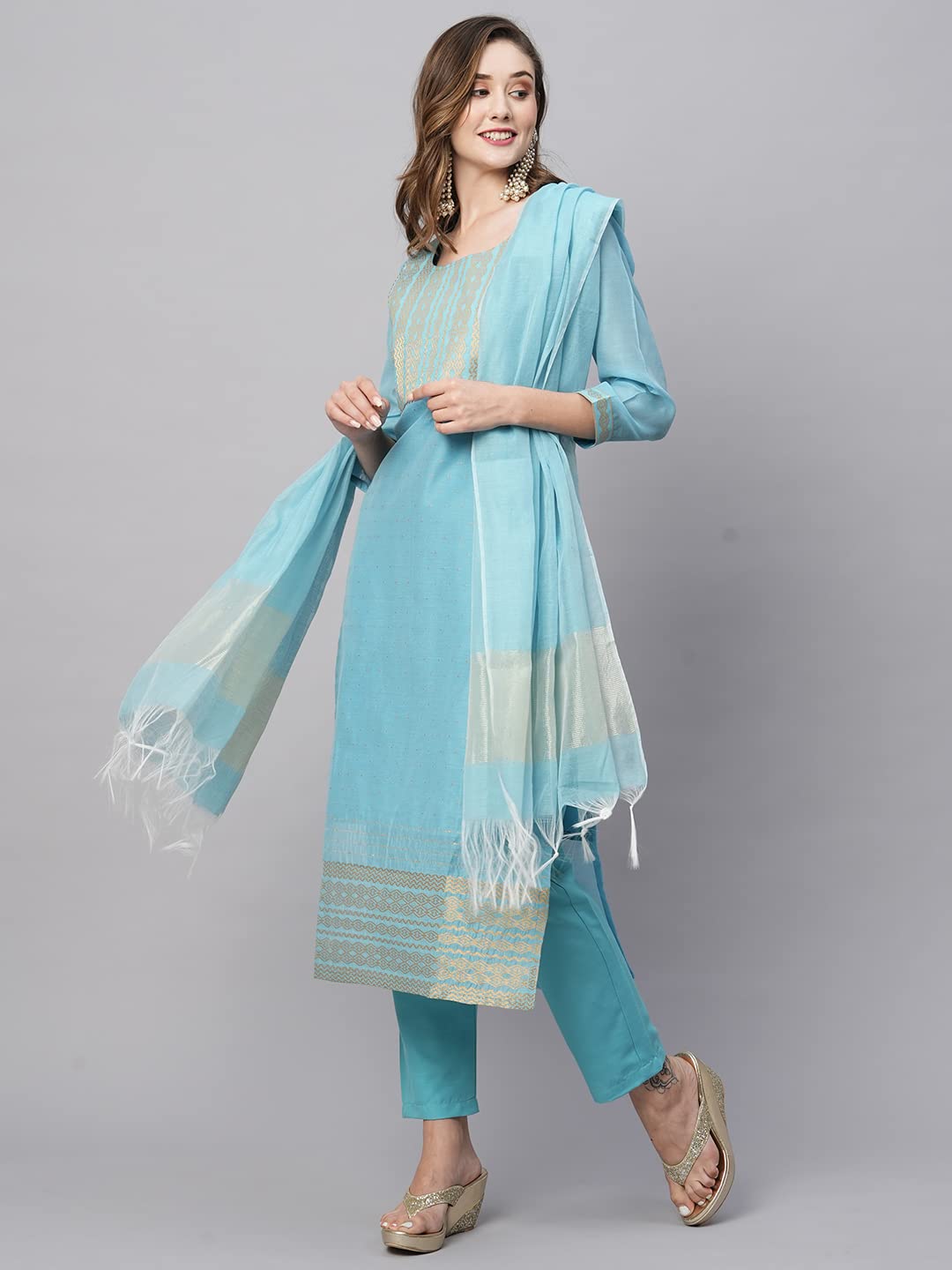 Gosriki WomenS Organza Straight Solid Kurta With Pant & Dupatta (Lahar-Firozi-Gs_M_Sky Blue_Medium)