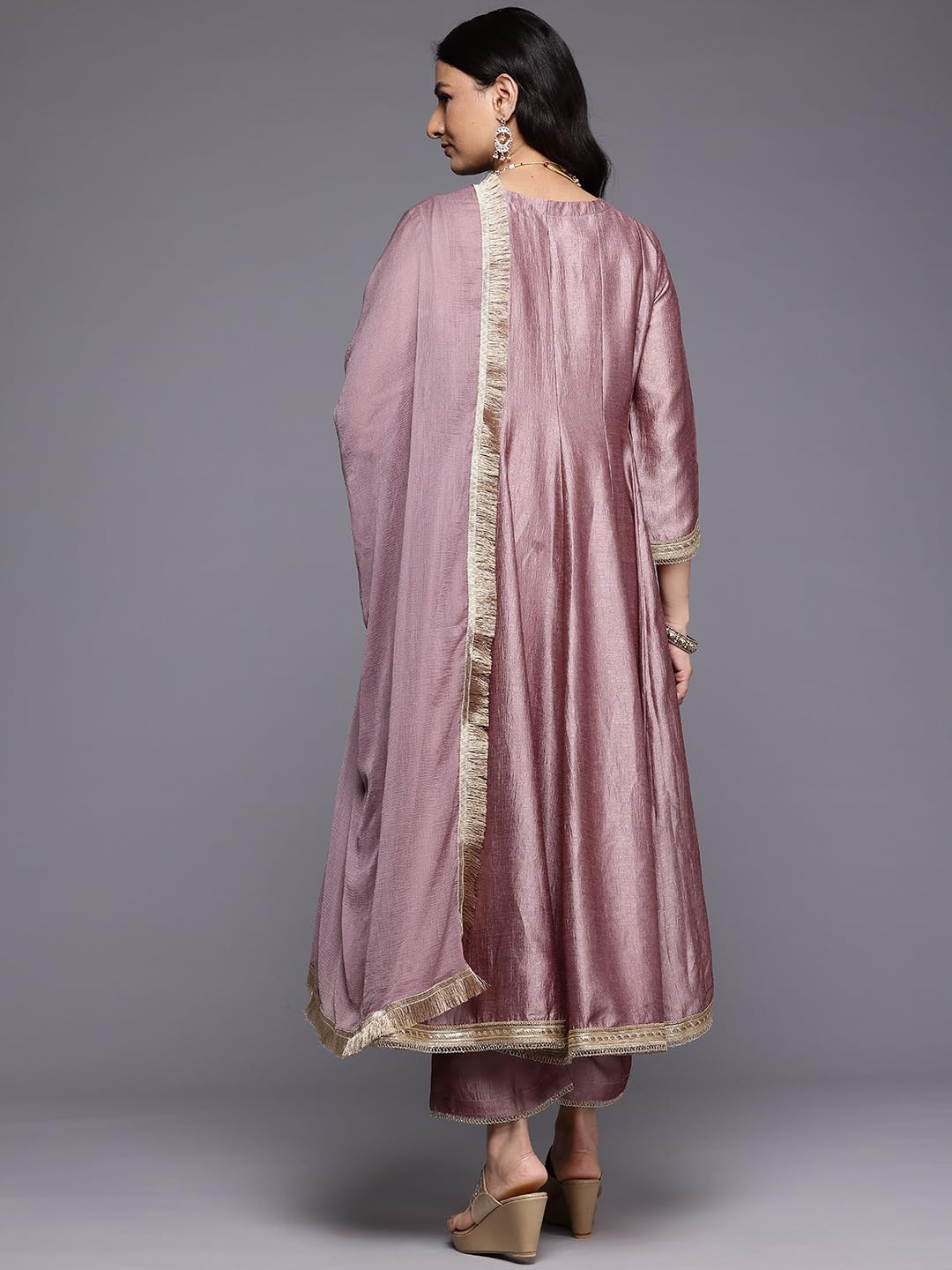 Varanga Women Mauve Zari Embroidered Sequins Embellished Anarkali Kurta With Bottom And Dupatta