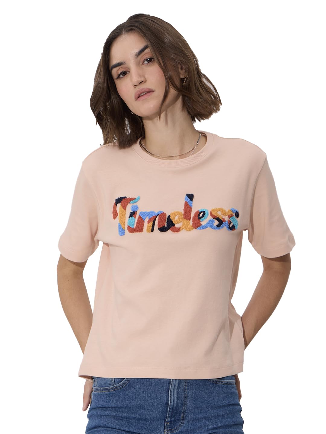 The Souled Store Originals: Timeless Women and Girls Short Sleeves Round Neck Cotton Relaxed Fit T-Shirts Pink