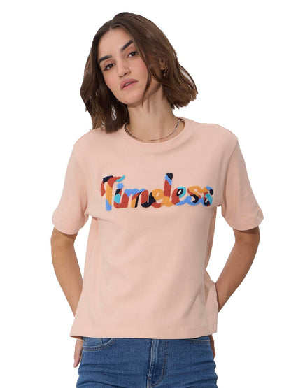 The Souled Store Originals: Timeless Women and Girls Short Sleeves Round Neck Cotton Relaxed Fit T-Shirts Pink