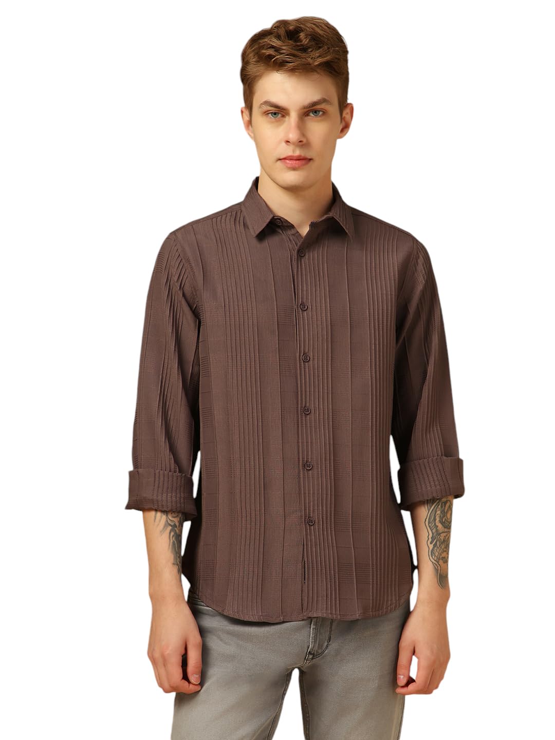 Dennis Lingo Men Relaxed Fit Polyester Full Sleeves Solid Textured Casual Shirts Brown