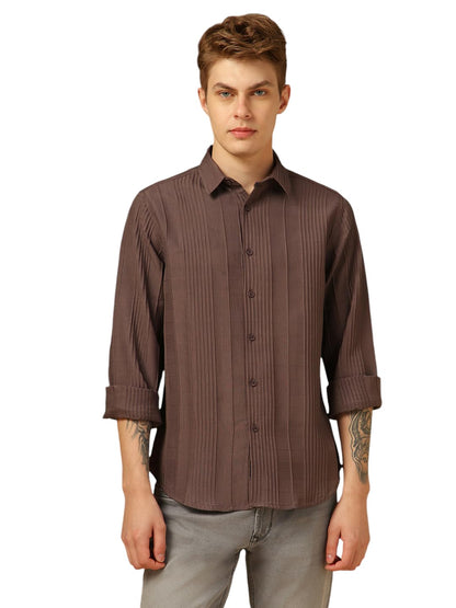 Dennis Lingo Men Relaxed Fit Polyester Full Sleeves Solid Textured Casual Shirts Brown