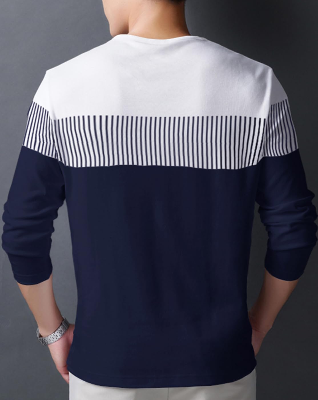 Noble Monk MenS Round Neck Regular Fit T-Shirt | Full Sleeves | Casual Tshirt For Men Navy Blue White