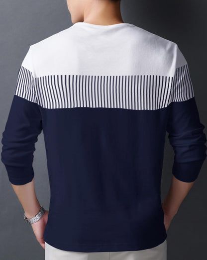 Noble Monk MenS Round Neck Regular Fit T-Shirt | Full Sleeves | Casual Tshirt For Men Navy Blue White