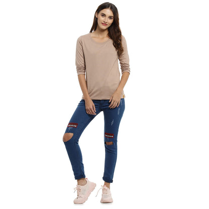 Campus Sutra Womens Solid Beige Crew Neck Long Sleeve Regular Fit Top for Casual Wear |Structured Top Crafted with Comfort Fit