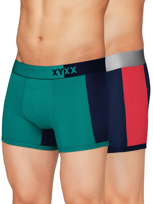 XYXX Mens Underwear Dualist IntelliSoft Antimicrobial Micro Modal Trunk Pack of 2 (Navigate & Black Iris ; Black Iris & Tango R