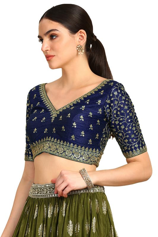 Soch Womens Navy Blue Zari Embroidery Padded Silk Blend Blouse With Sequins