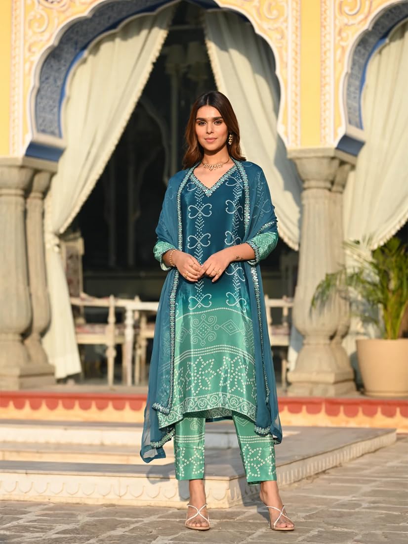 Wedani Soft Chinon Silk Bandhani Print with Sequence Embroidery Lace Border Kurta Pant Set with Dupatta for Women-Turquoise