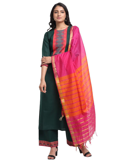 GoSriKi Women's Cotton Printed Straight Kurta with Palazzo & Dupatta (ANUPMA Green)