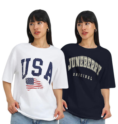 Juneberry Pack Of 2, 100% Pure Cotton, Round Neck, Oversized, Loose, Baggy Fit, Drop Shoulder, Graphic Printed, Half Sleeve T-Sh